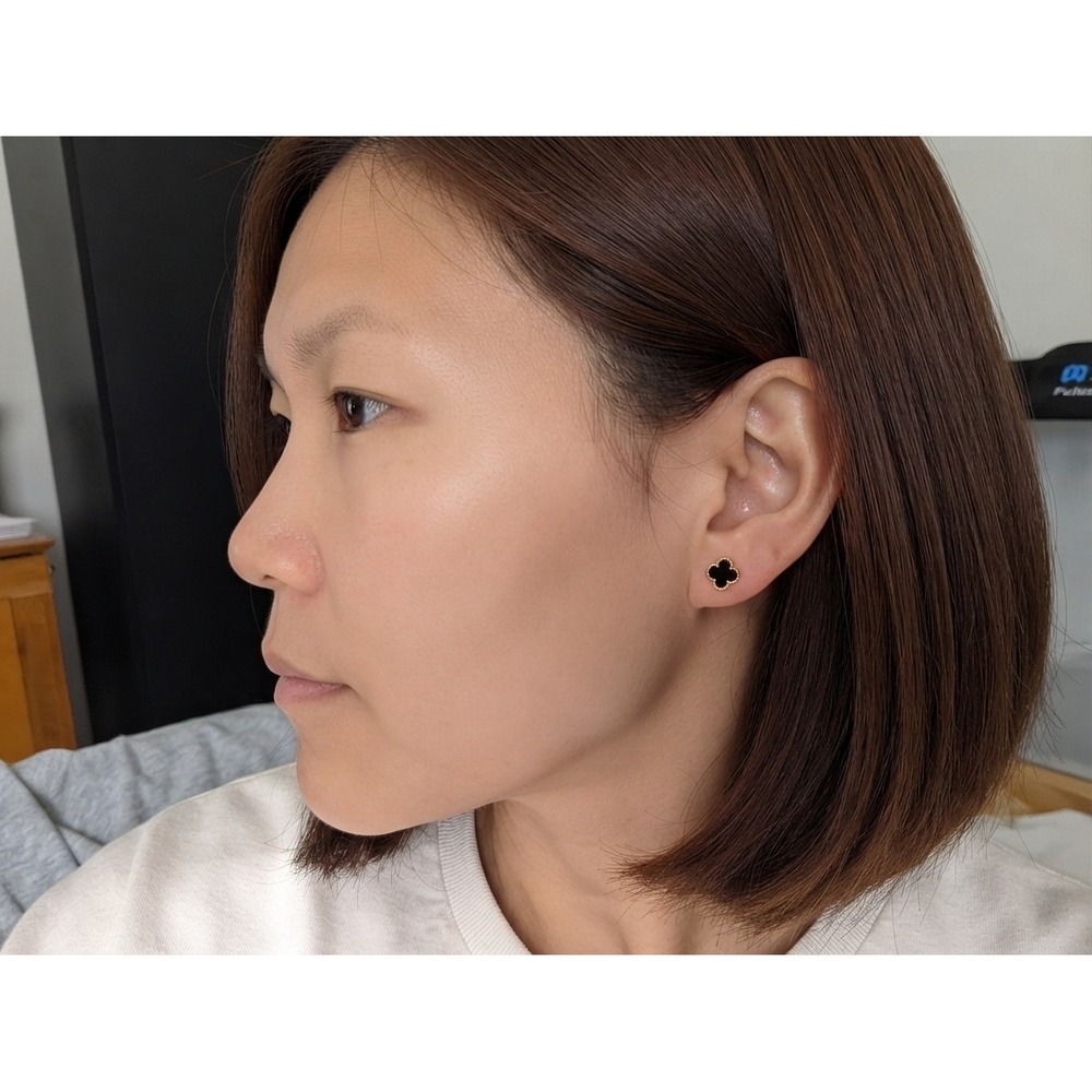 14K Gold Black Clover Enamel Stud Earrings Dainty Jewelry